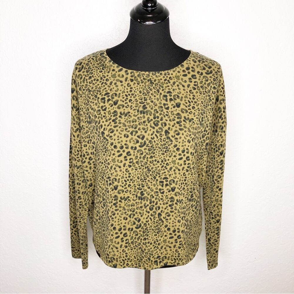 Garnet Hill olive green black leopard print silk blend sweater size Small